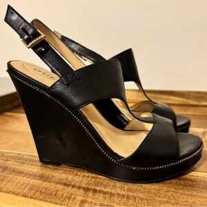 Guess Black Leather Wedge Sandals